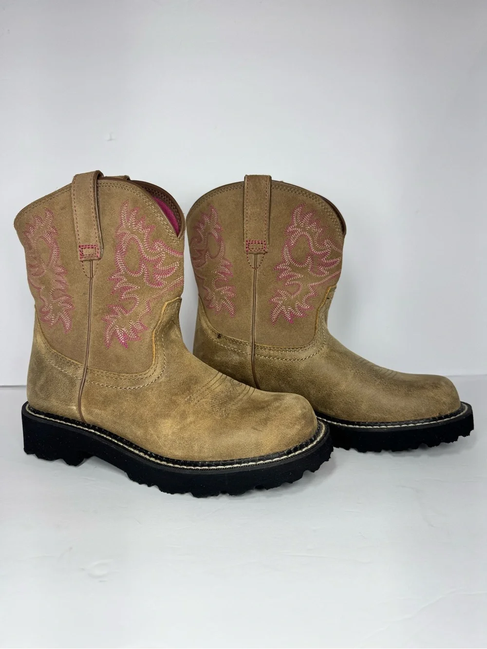Ariat Tan Suede Western Ankle Booties with Pink Stitching size 8.5